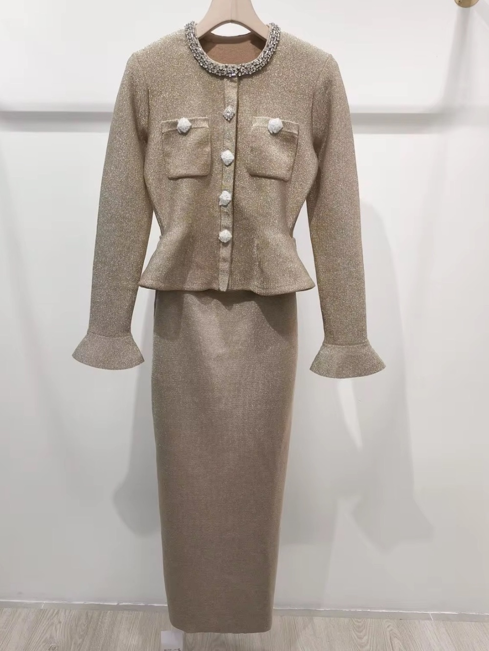 Elegant Metallic Taupe Midi Skirt with Jeweled-Trim Jacket